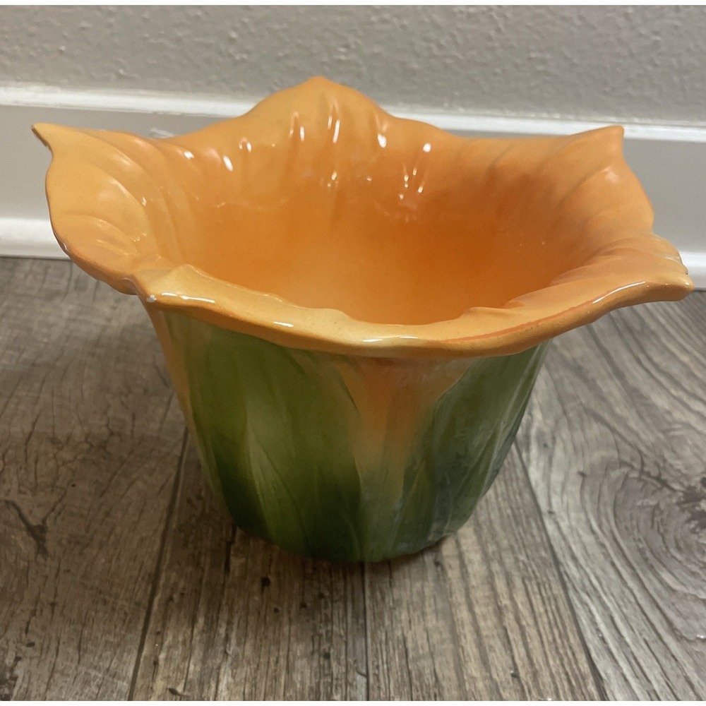 VTG Squash‎ Gourd Flower Vase Bowl Planter Orange & Green Ceramic Italy